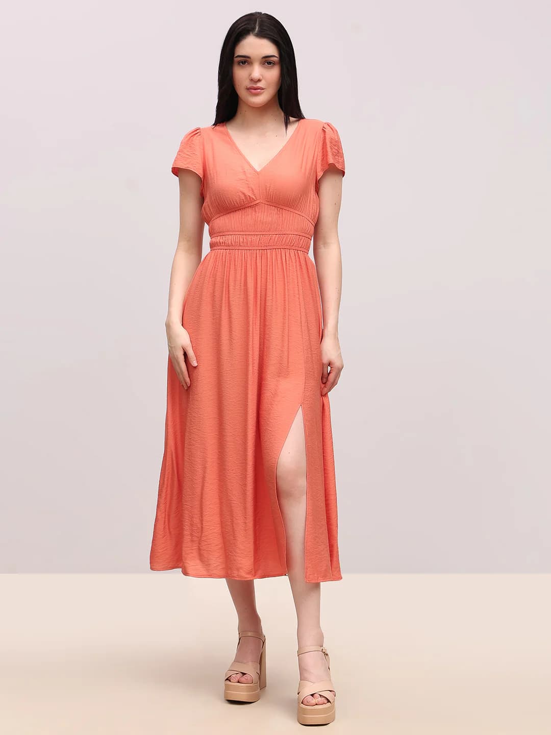 Women's Orange Casual Fit & Flared Half Sleeves Dress