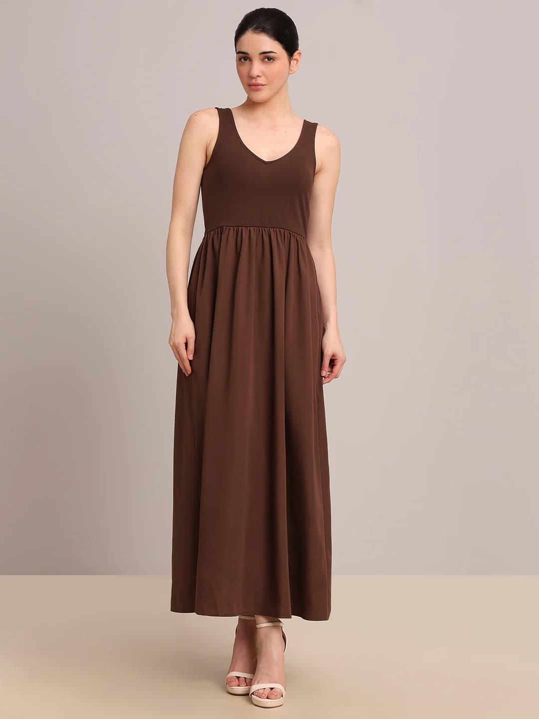 Women's Brown Casual Fit & Flared Sleeveless Dress