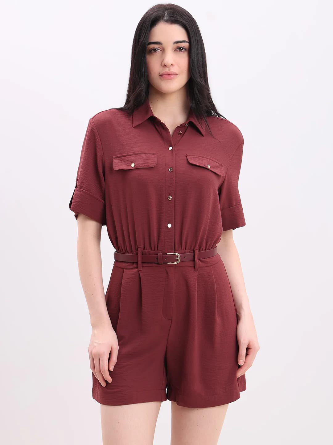 Women's Red Casual Half Sleeves Roll-Up Sleeves Jumpsuit