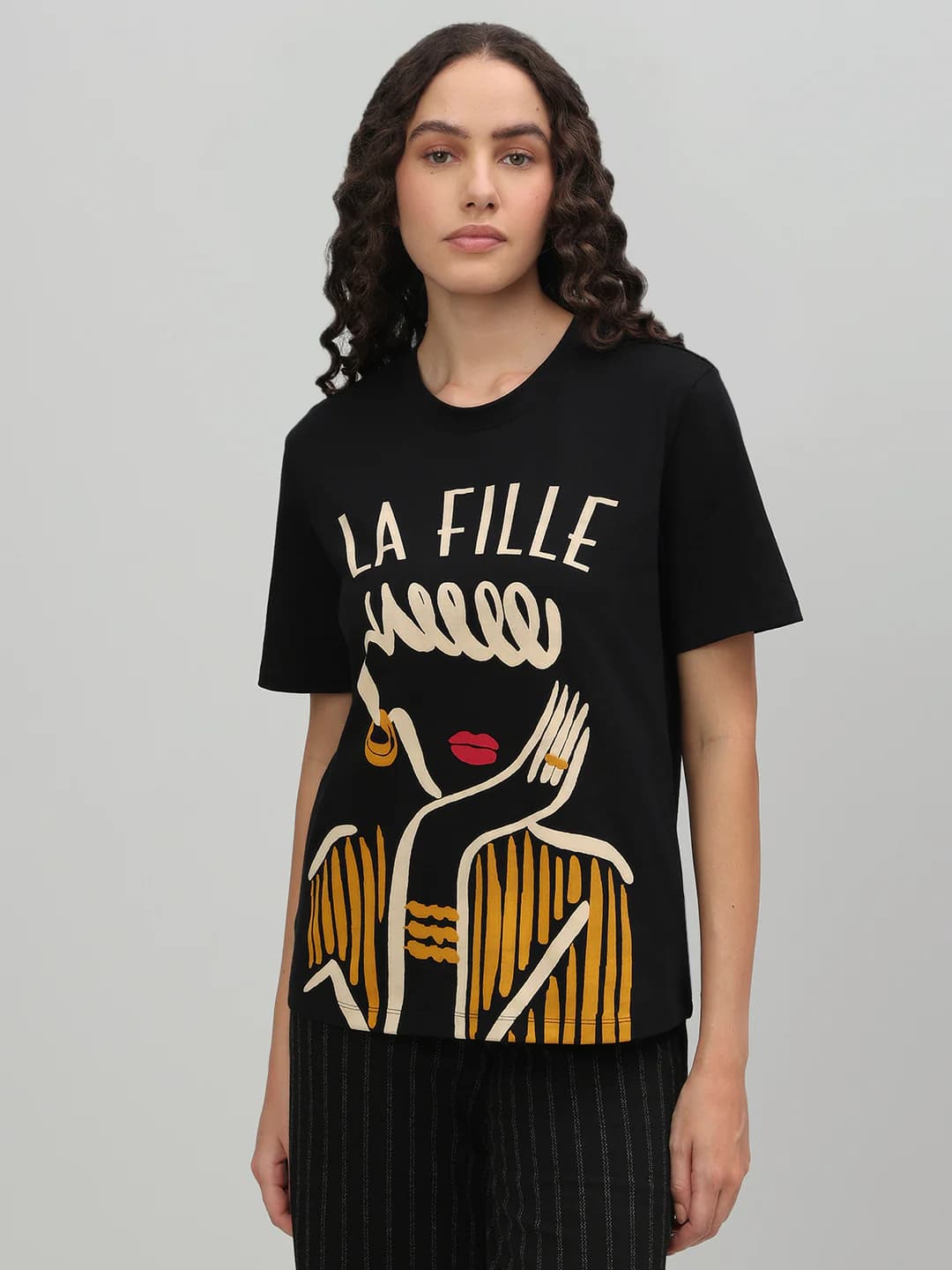 Women's Black Casual Half Sleeves Tshirt