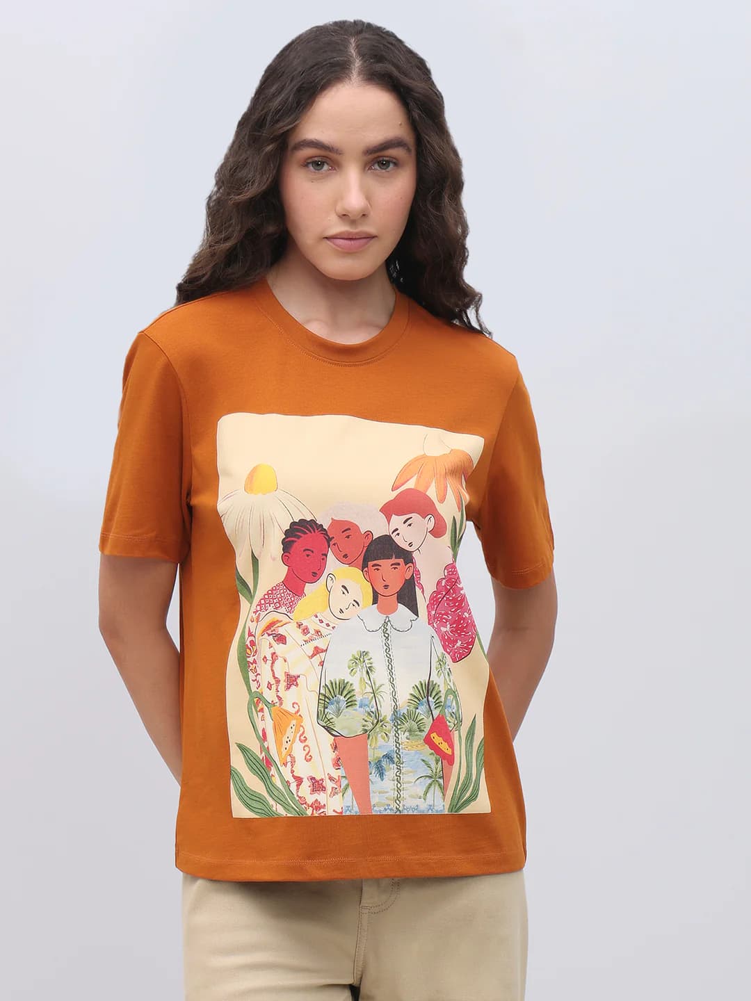 Women's Orange Casual Half Sleeves Tshirt