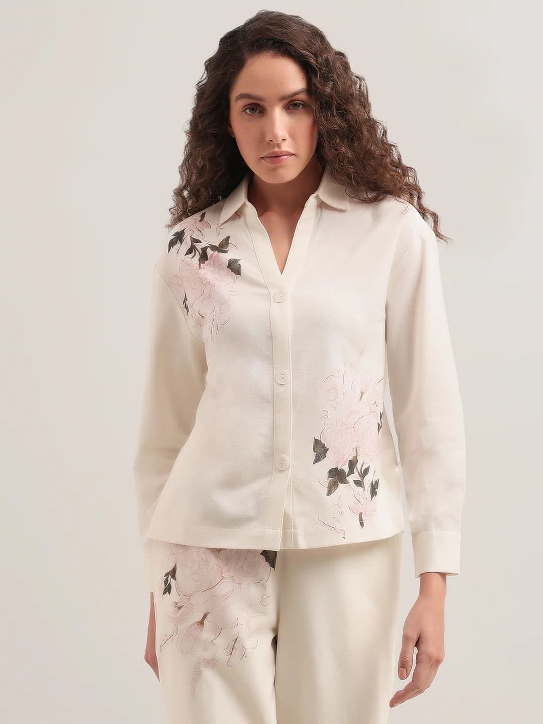 Women's Cream Casual Full Sleeves Shirt