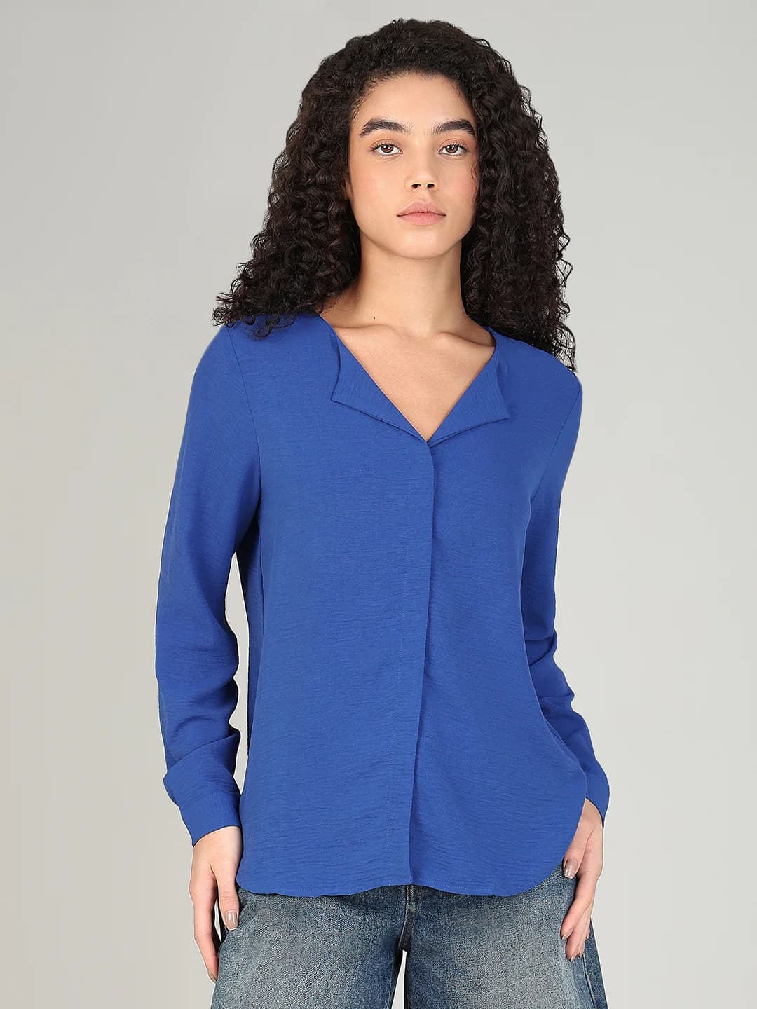 Women's Blue Casual Full Sleeves Tops
