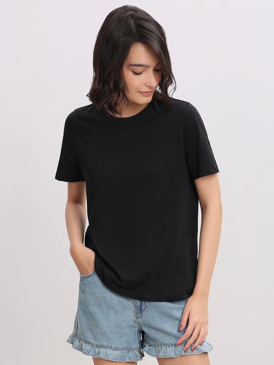 Women's Black Casual Half Sleeves Tshirt