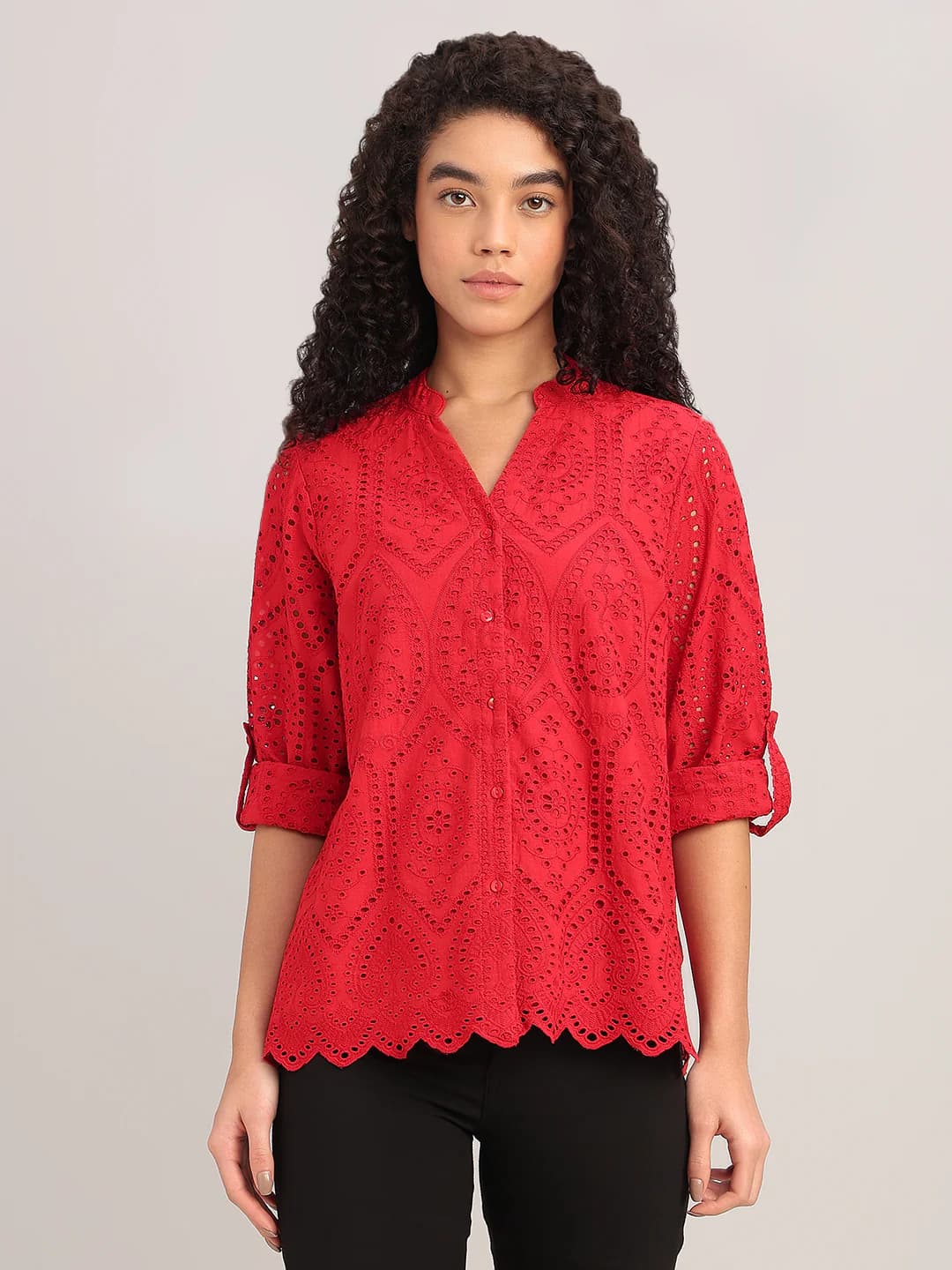 Women's Red Casual Full Sleeves Shirt