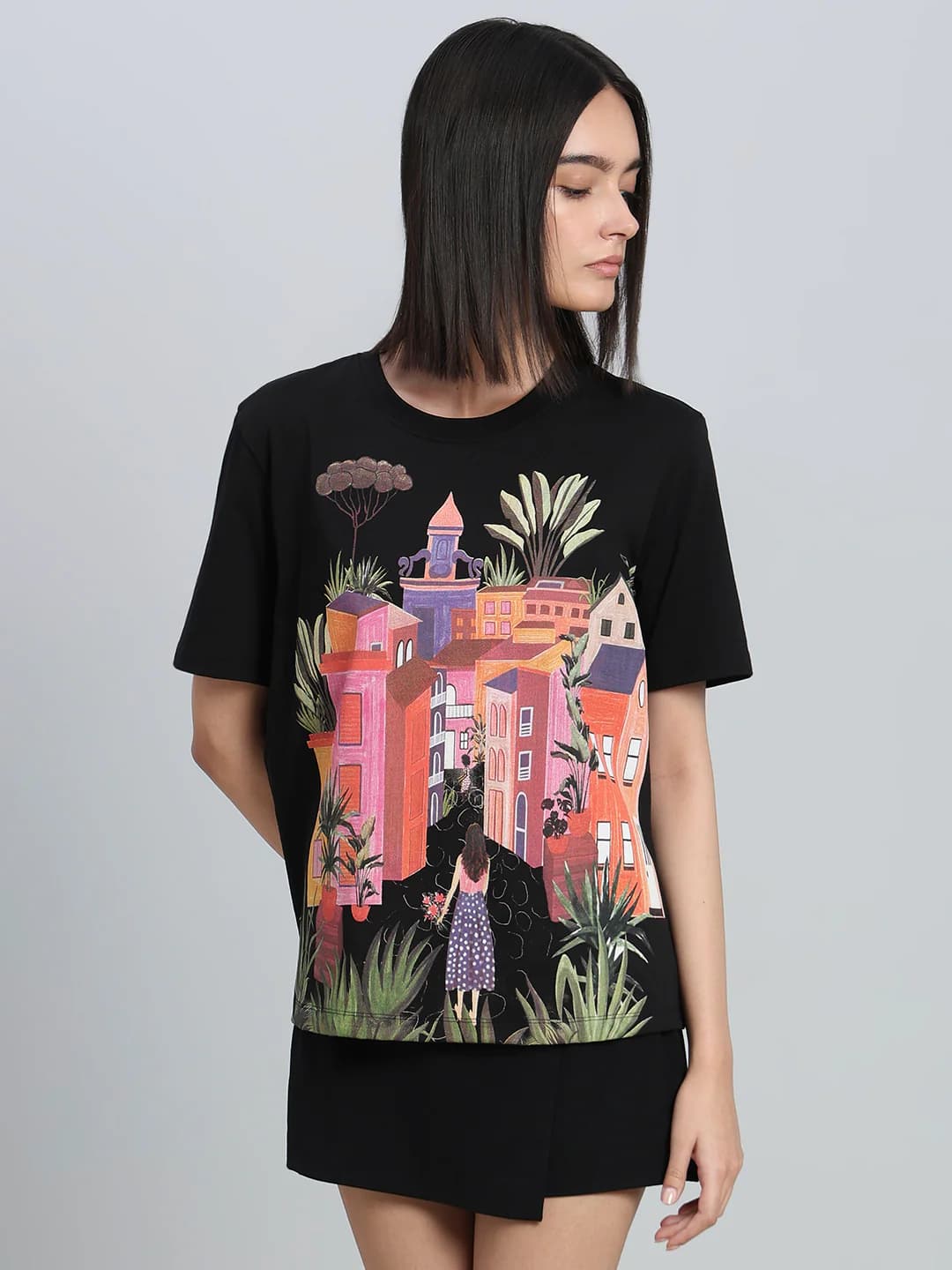 Women's Black Casual Half Sleeves Tshirt