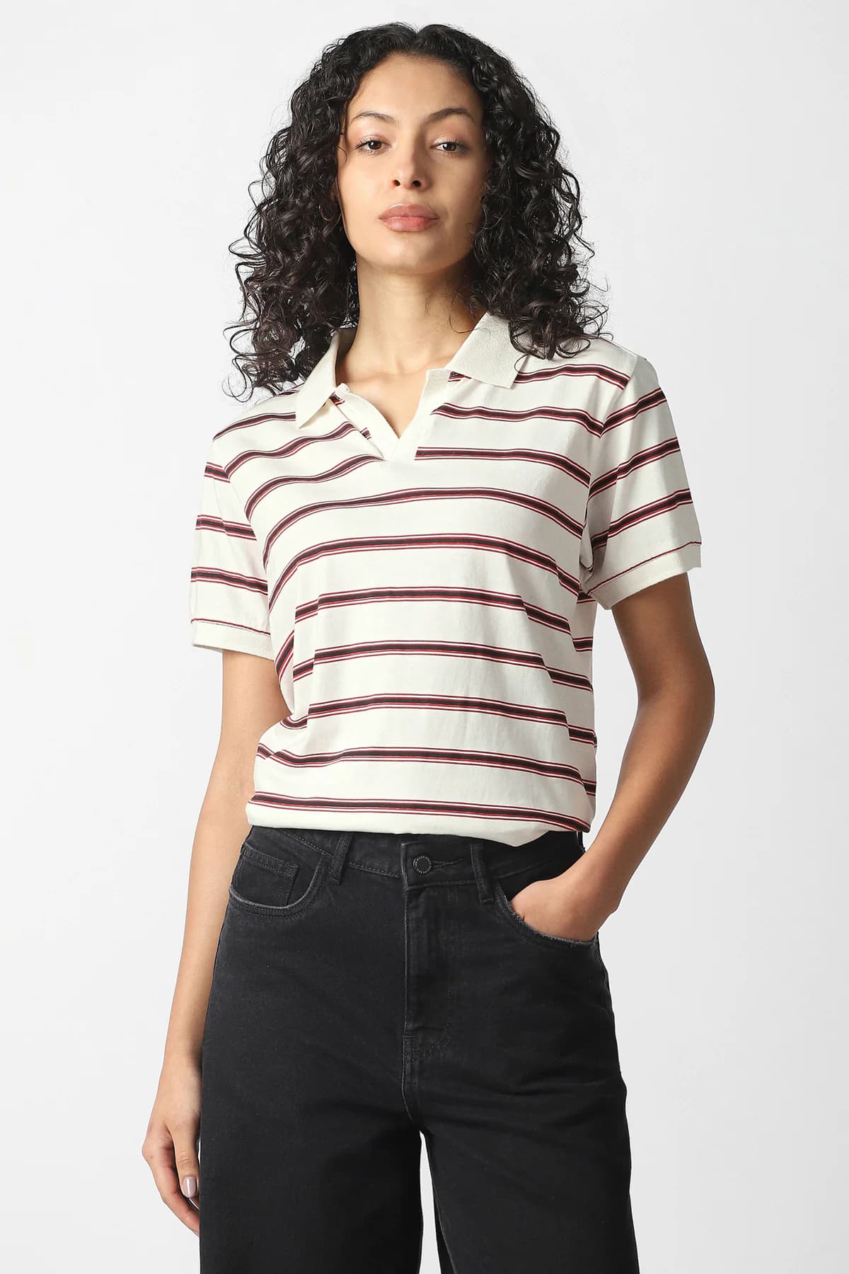 Women's Off White Casual Regular Fit Striped Half Sleeves Top