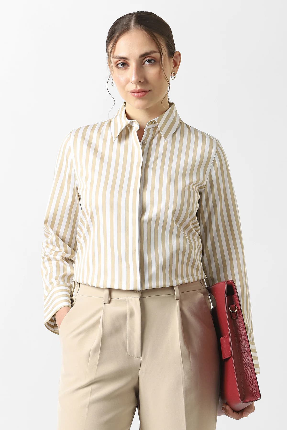 Women's Beige Casual Regular Fit Striped Full Sleeves Shirt
