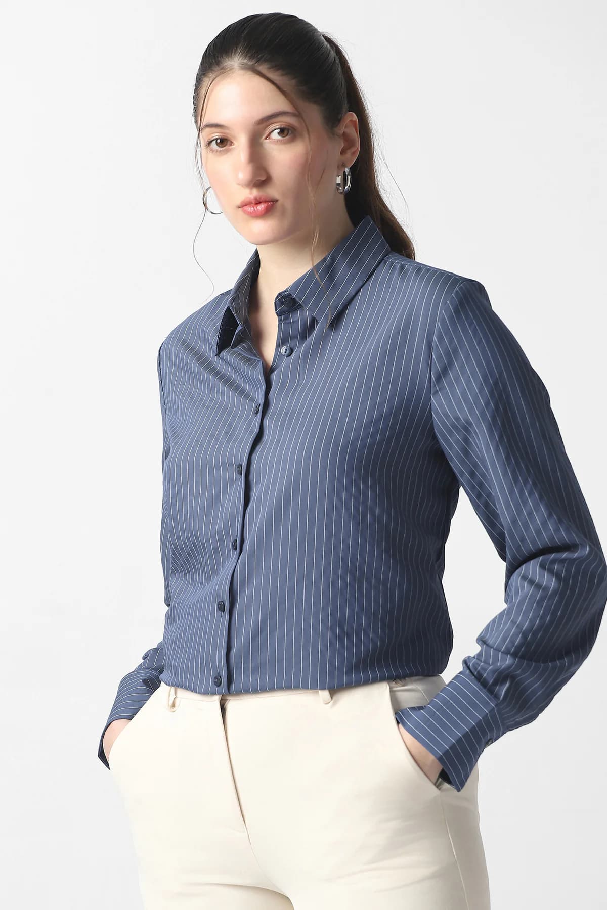 Women's Blue Casual Regular Fit Striped Full Sleeves Shirt