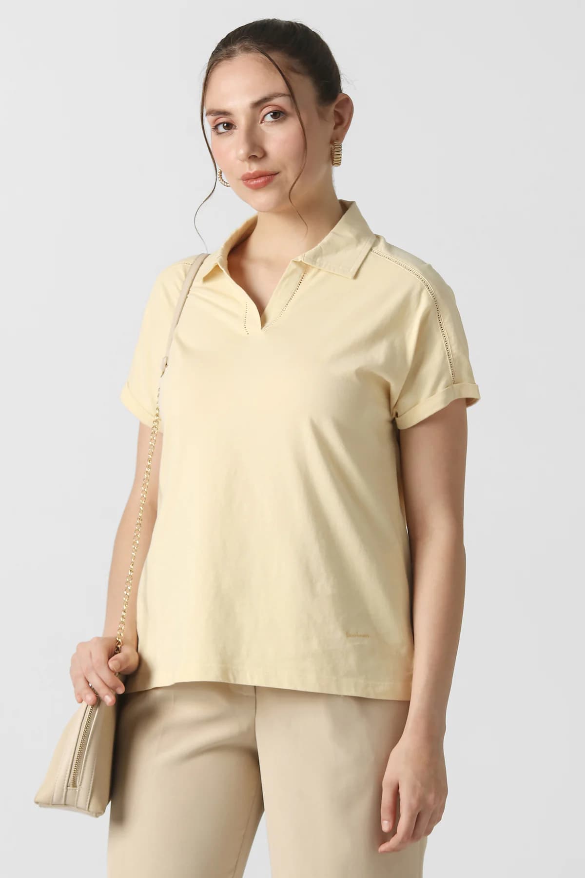 Women's Yellow Casual Regular Fit Solid Half Sleeves Top