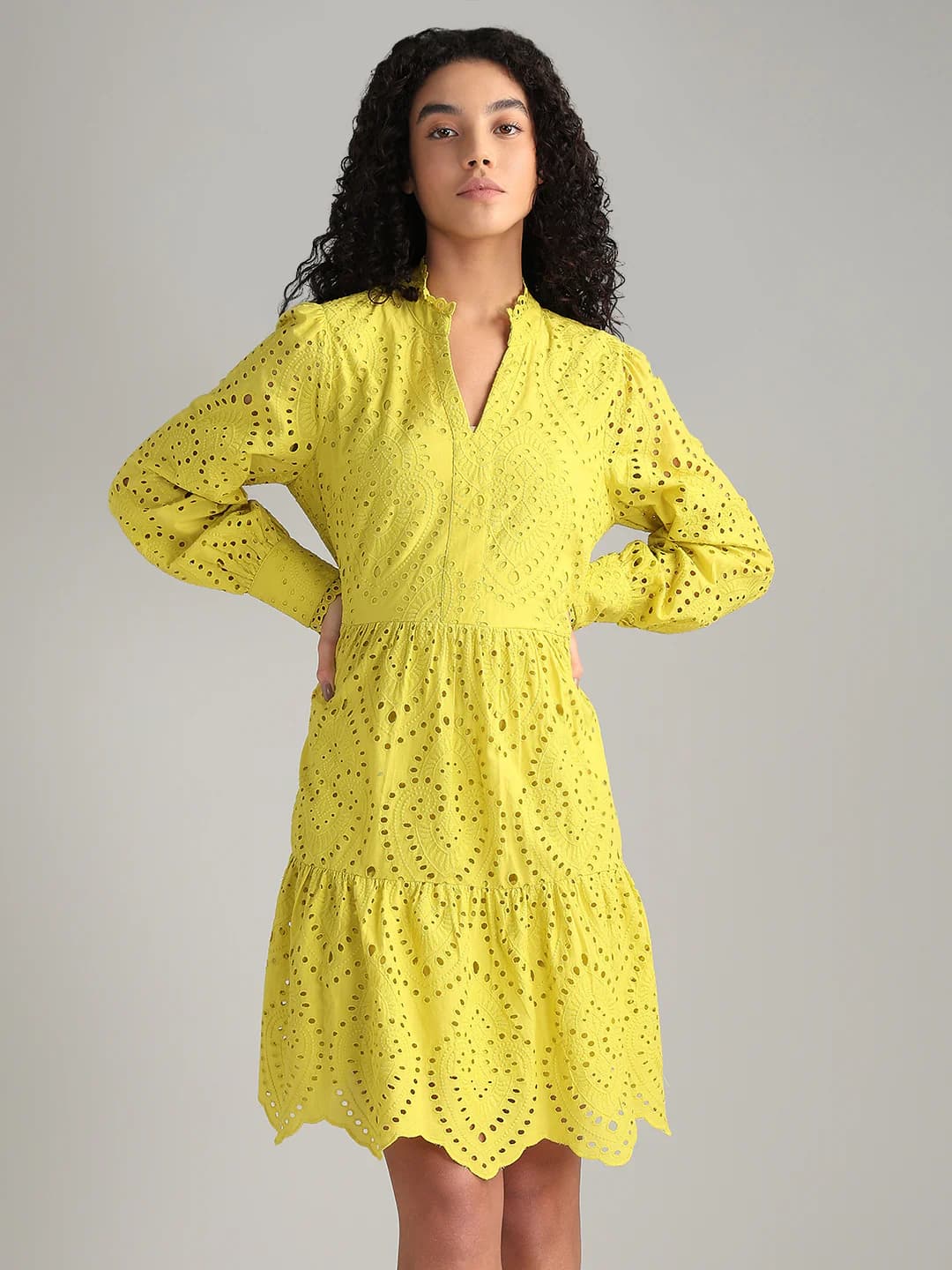 Women's Yellow Casual A-Line Full Sleeves Dress