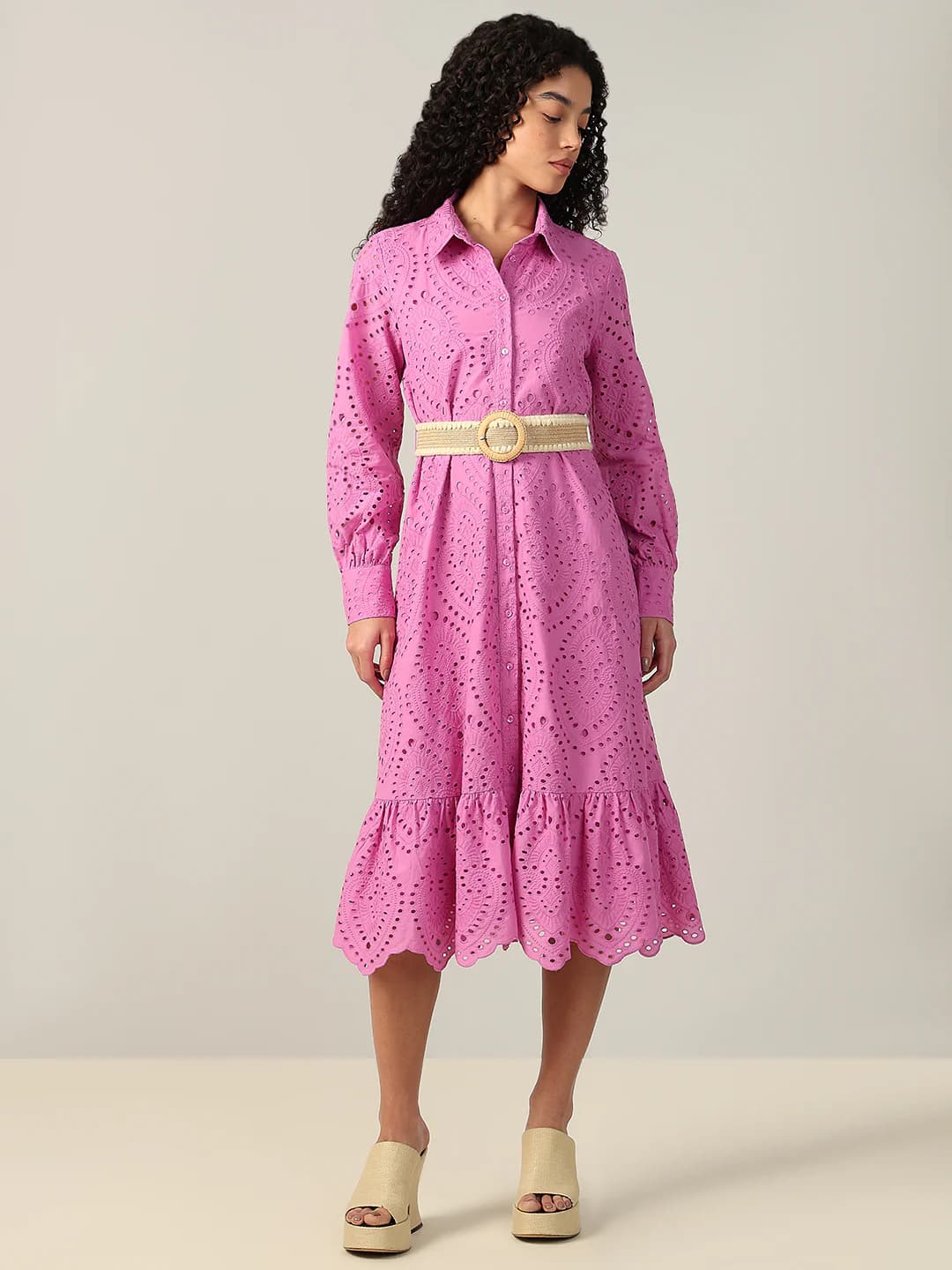 Women's Pink Casual A-Line Full Sleeves Dress