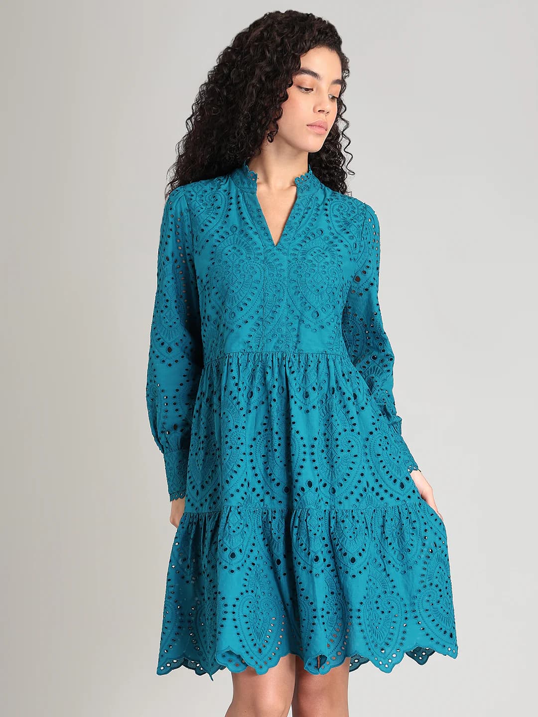 Women's Blue Casual A-Line Full Sleeves Dress