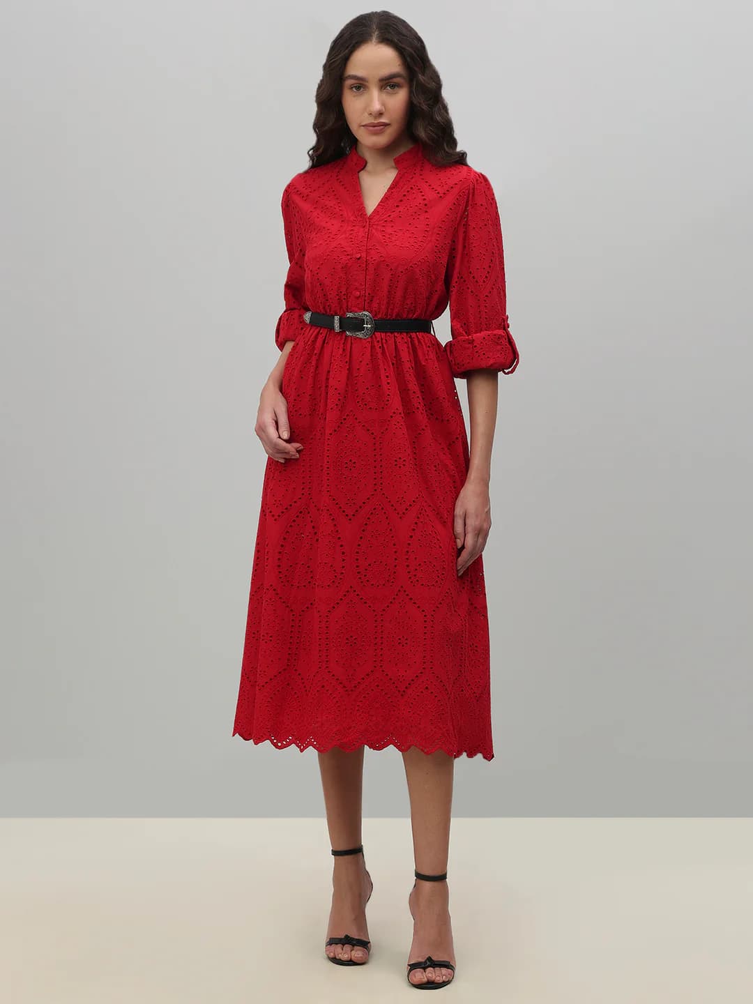Women's Red Casual Fit & Flared Full Sleeves Dress