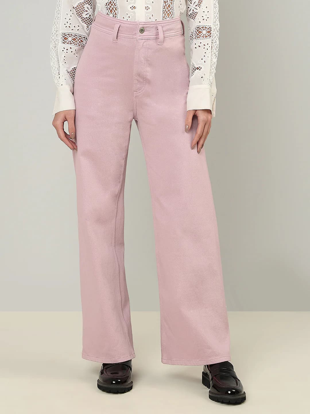 Women's Pink Casual Wide Leg High Rise Jeans