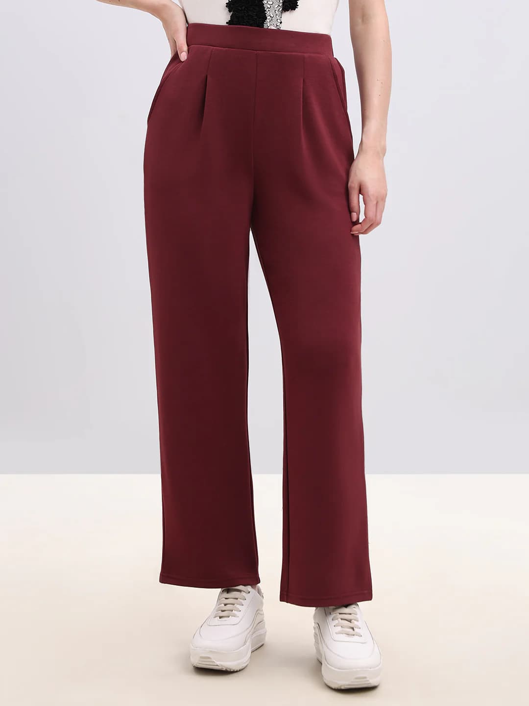 Women's Red Casual Straight Fit High Rise Trouser