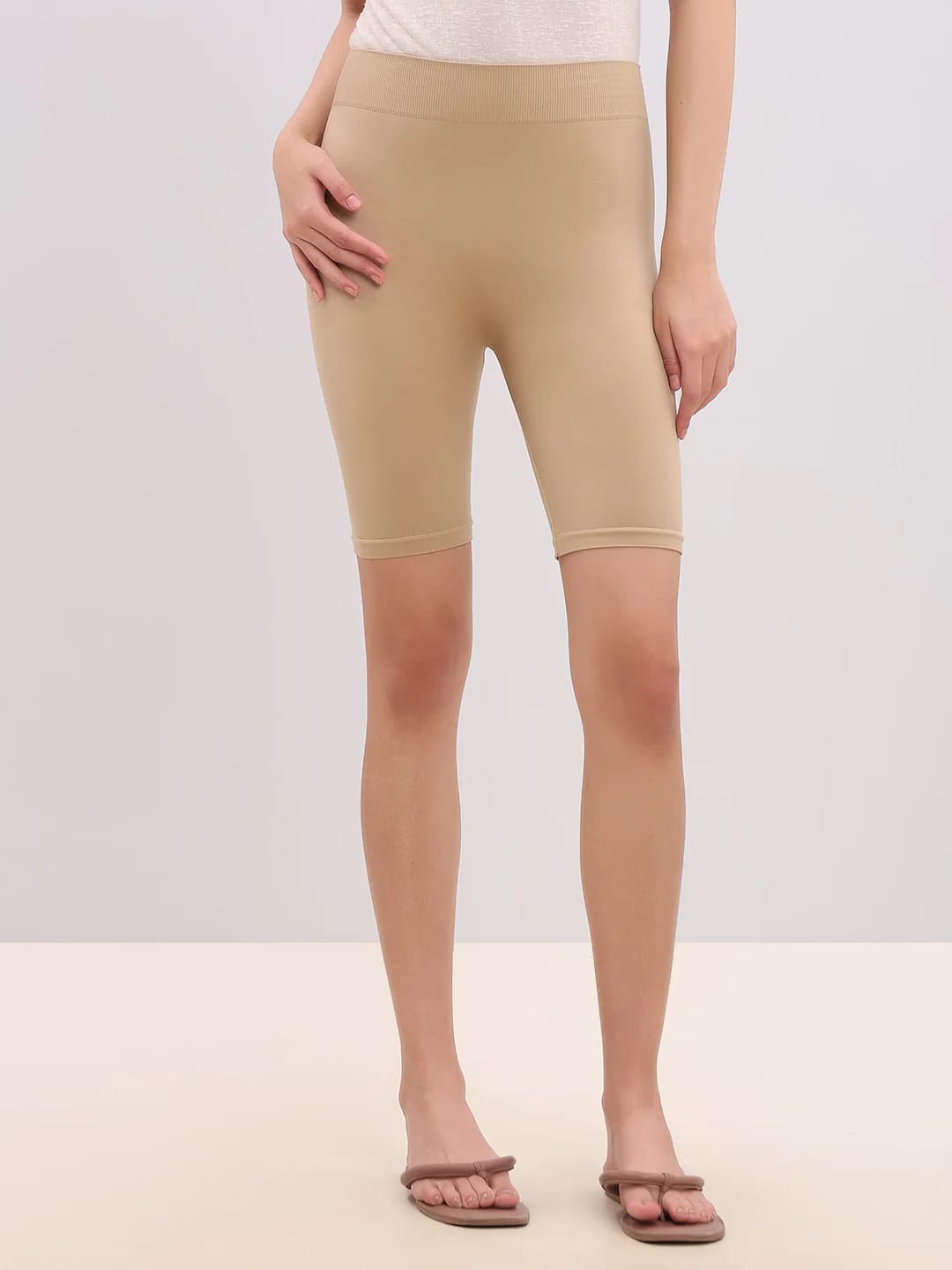 Women's Beige Casual Slim Fit High Rise Shorts