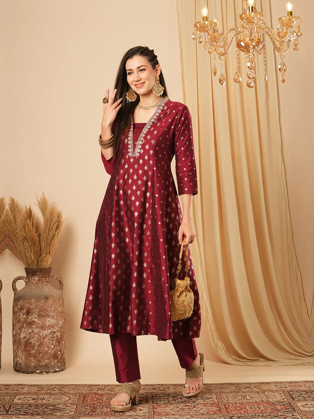 Women's Red Embroidered V-Neck Allover Gold Foil Printed Panelled Anarkali Kurta with Elasticated Narrow Trouser Festive Set