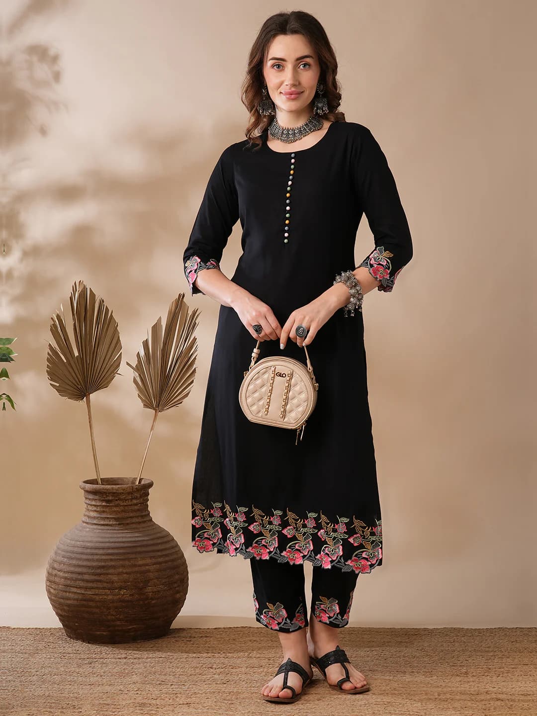 Women's Black Potli Button Floral Scalloped Hem Straight Workwear Kurta and Elasticated Trouser Set