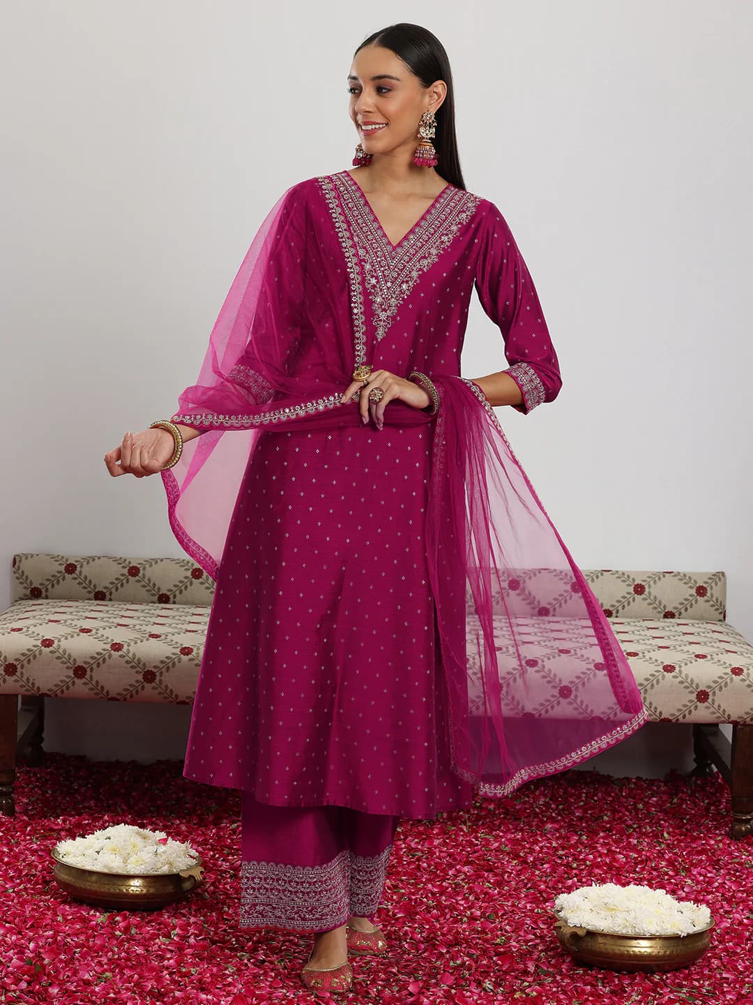 Women's Pink Festive Three Quarter Sleeves Kurta Set