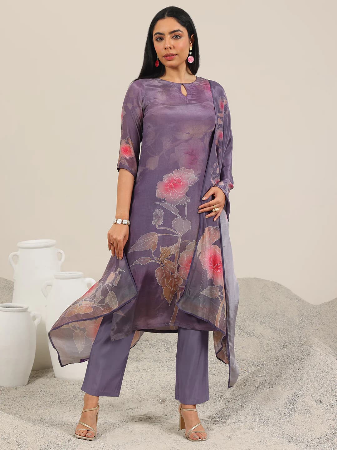 Women's Purple Festive Three Quarter Sleeves Kurta Set