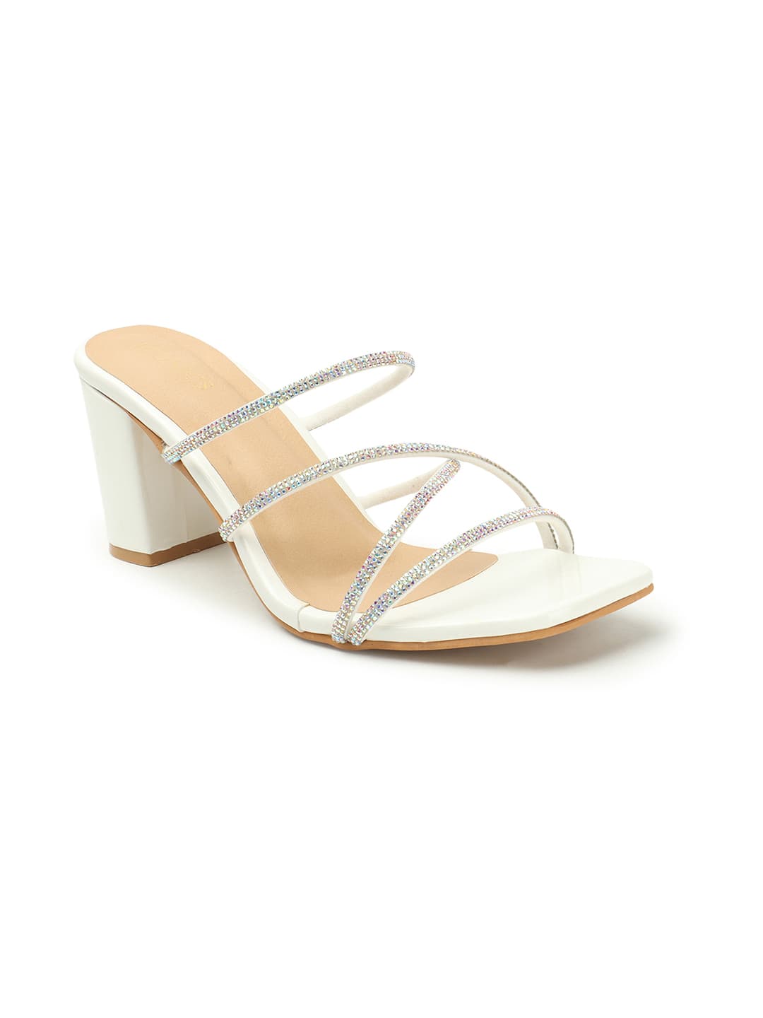 Women's White Embellished Open Toe Block Heeled Sandal