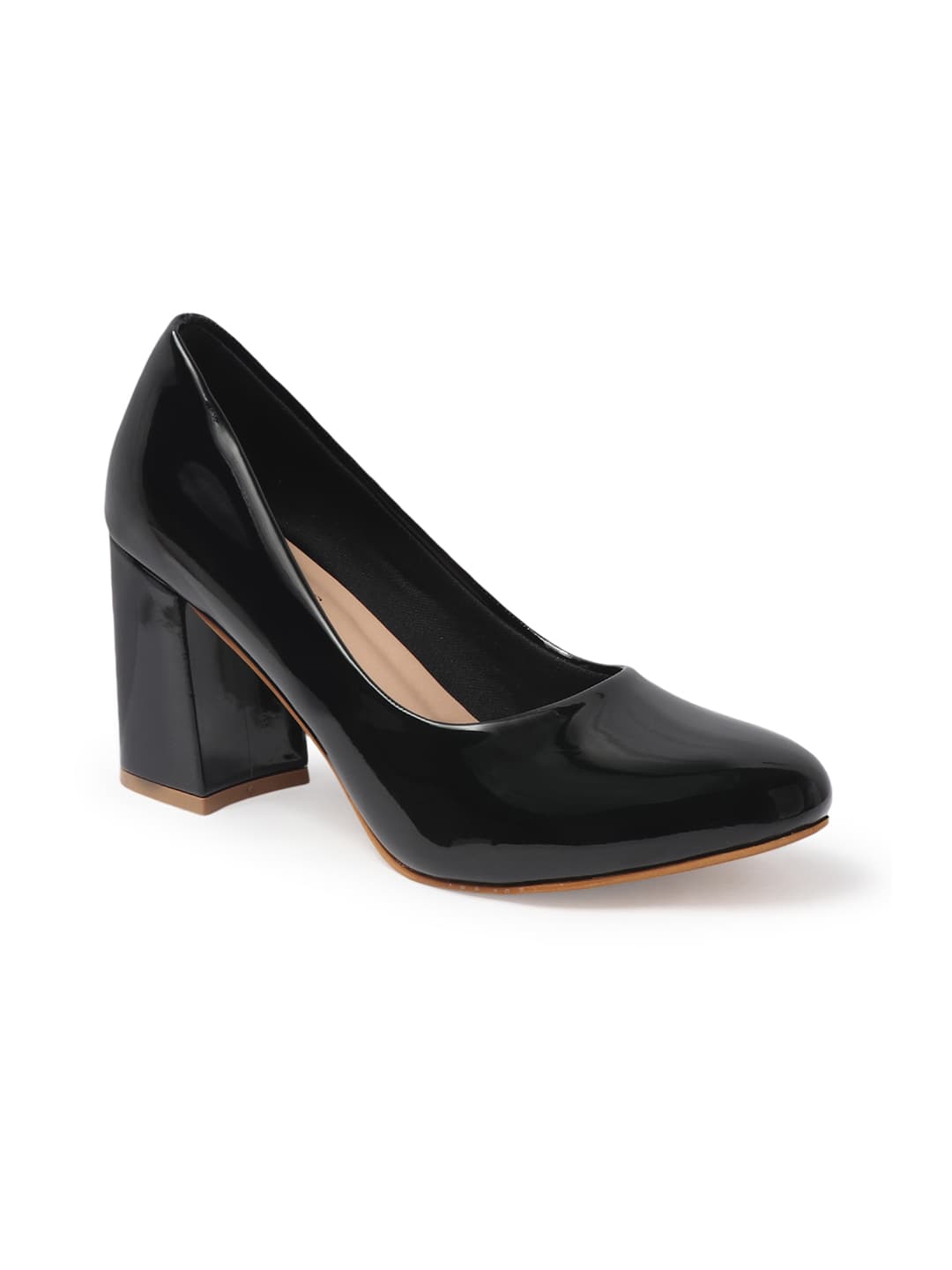 Women's Black Solid Slip-On Block Heeled Pump