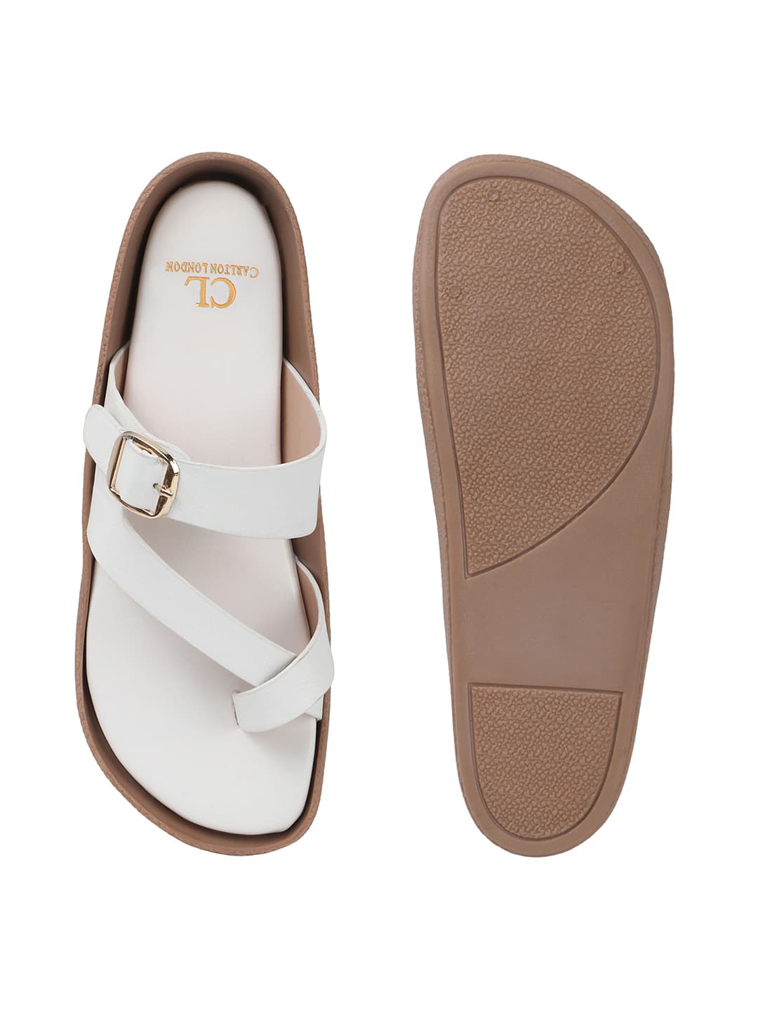 Women's White Toe-Loop Buckle Slides
