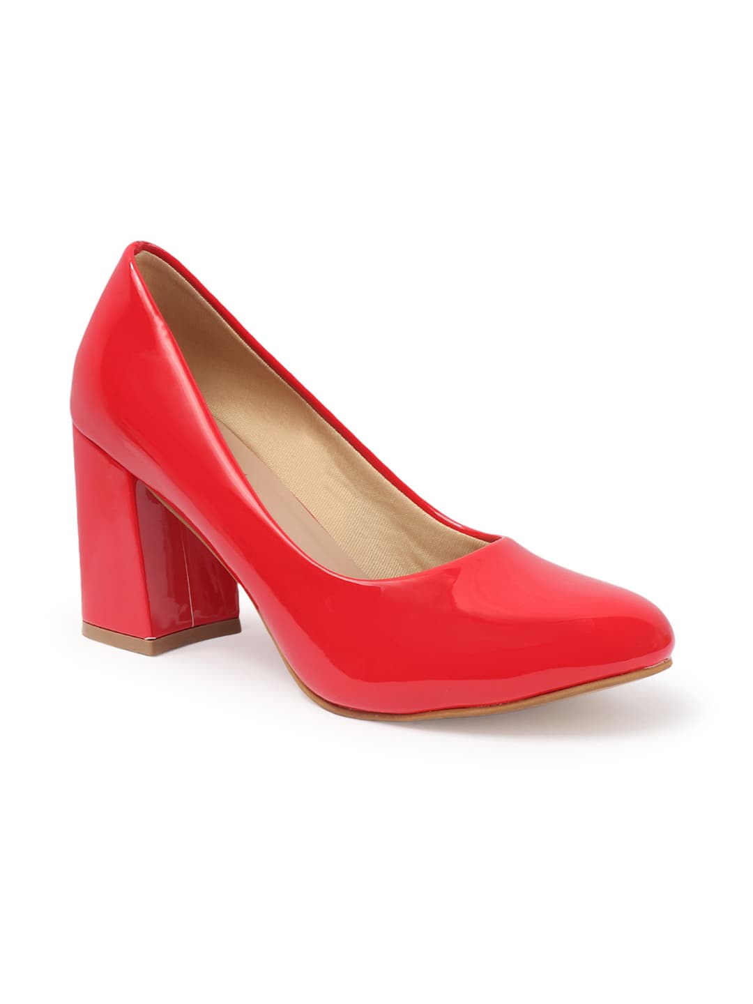 Women's Red Solid Slip-On Block Heeled Pump