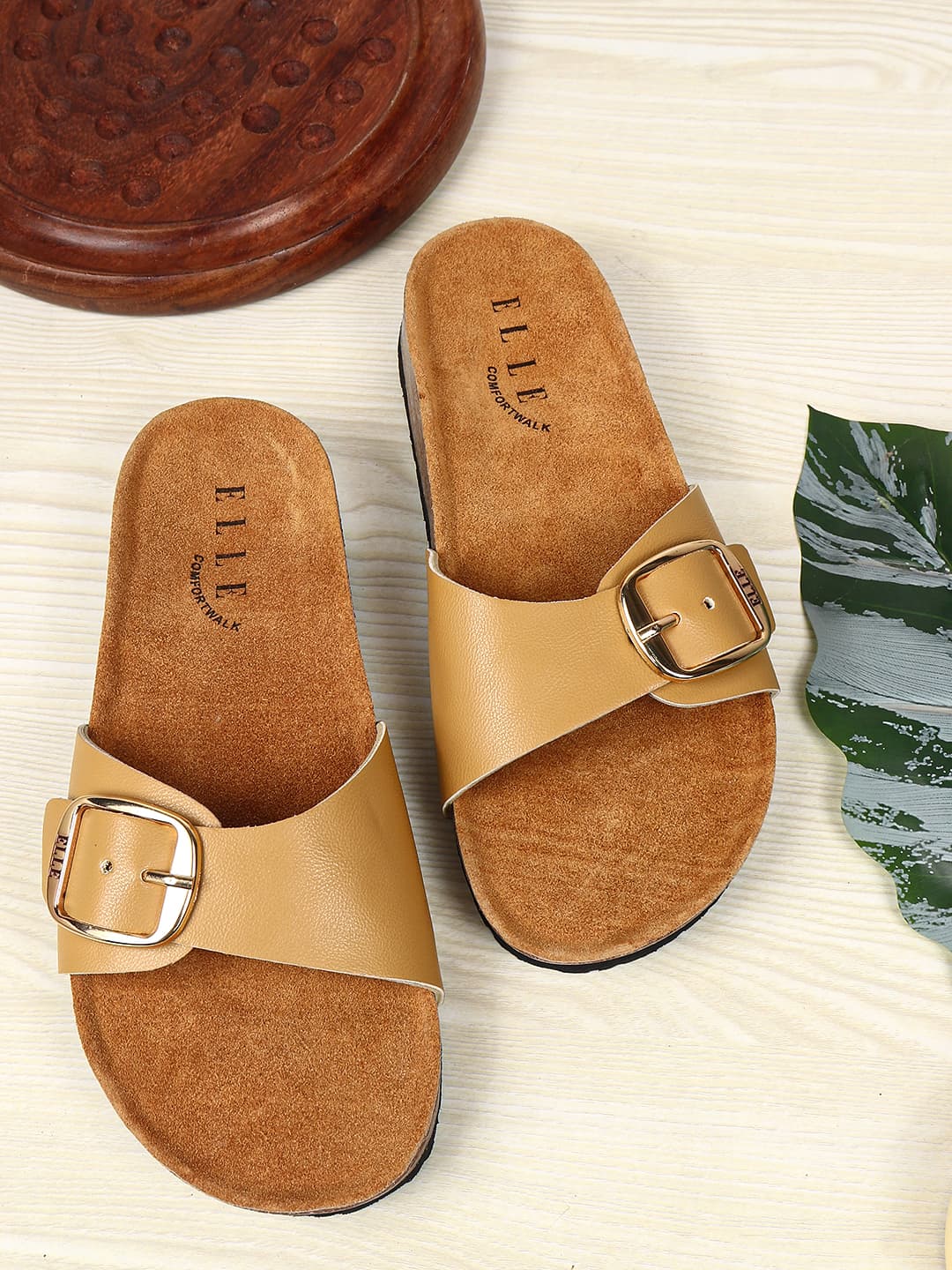 Women's Brown Bold Buckle Comfort Slide Sandal