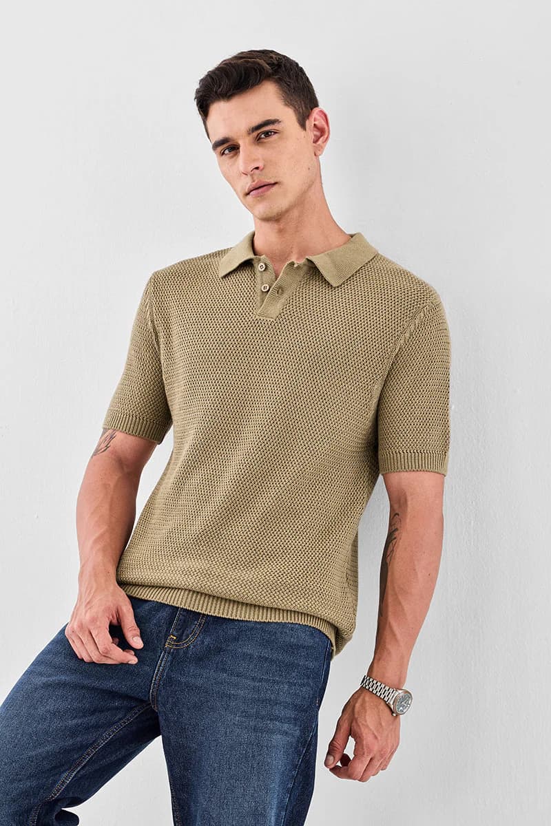 Men's Beige Casual Regular Fit Textured Half Sleeves Polo Tshirt