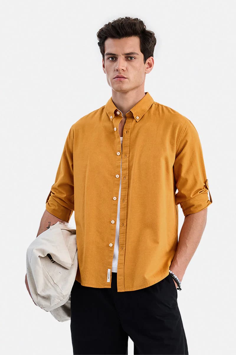 Men's Yellow Casual Regular Fit Solid Full Sleeves Cotton Shirt