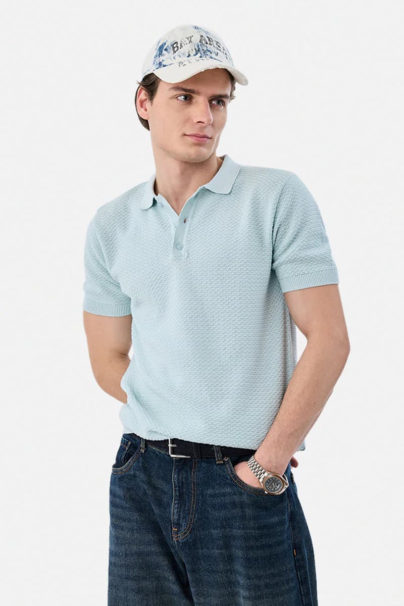 Men's Blue Casual Regular Fit Textured Half Sleeves Polo Tshirt