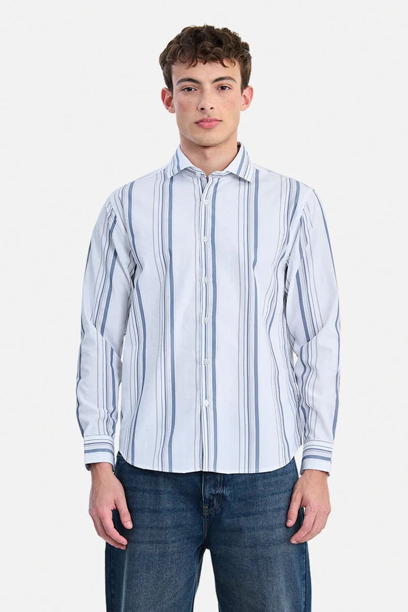 Men's White Casual Regular Fit Striped Full Sleeves Cotton Shirt