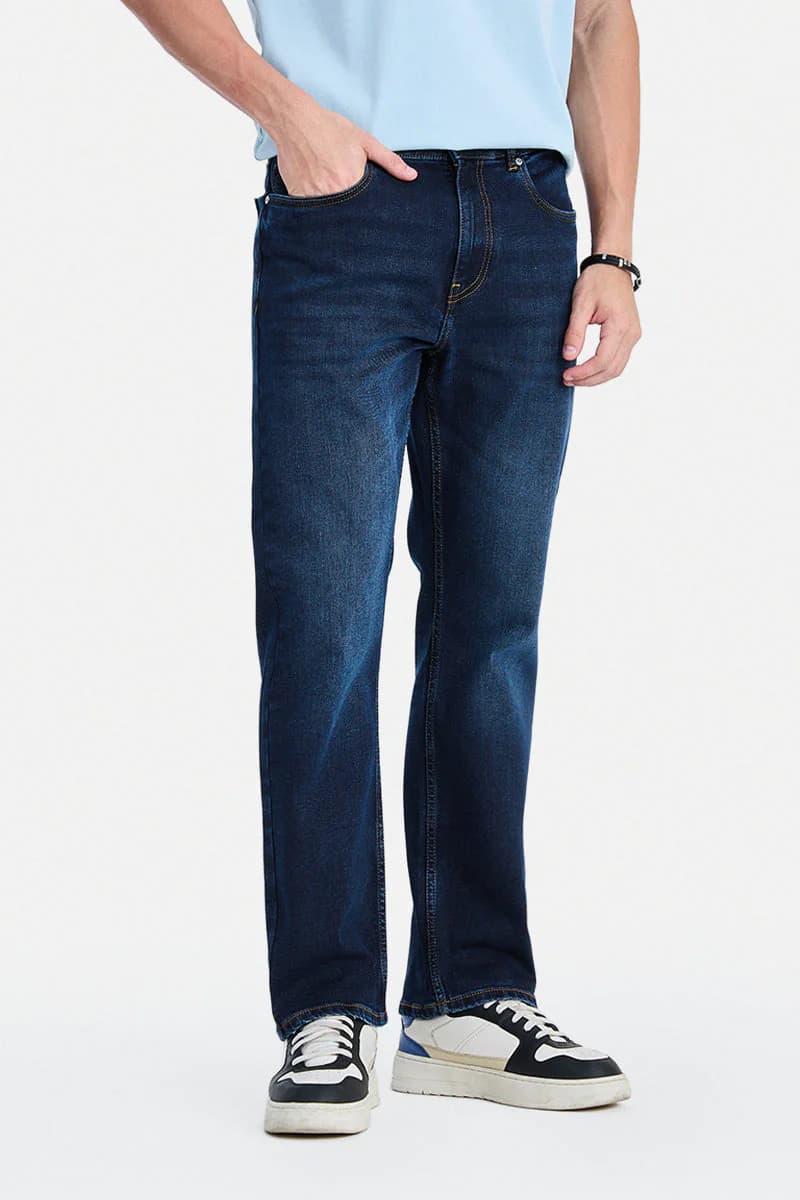 Men's Navy Casual Straight Fit Solid Jeans