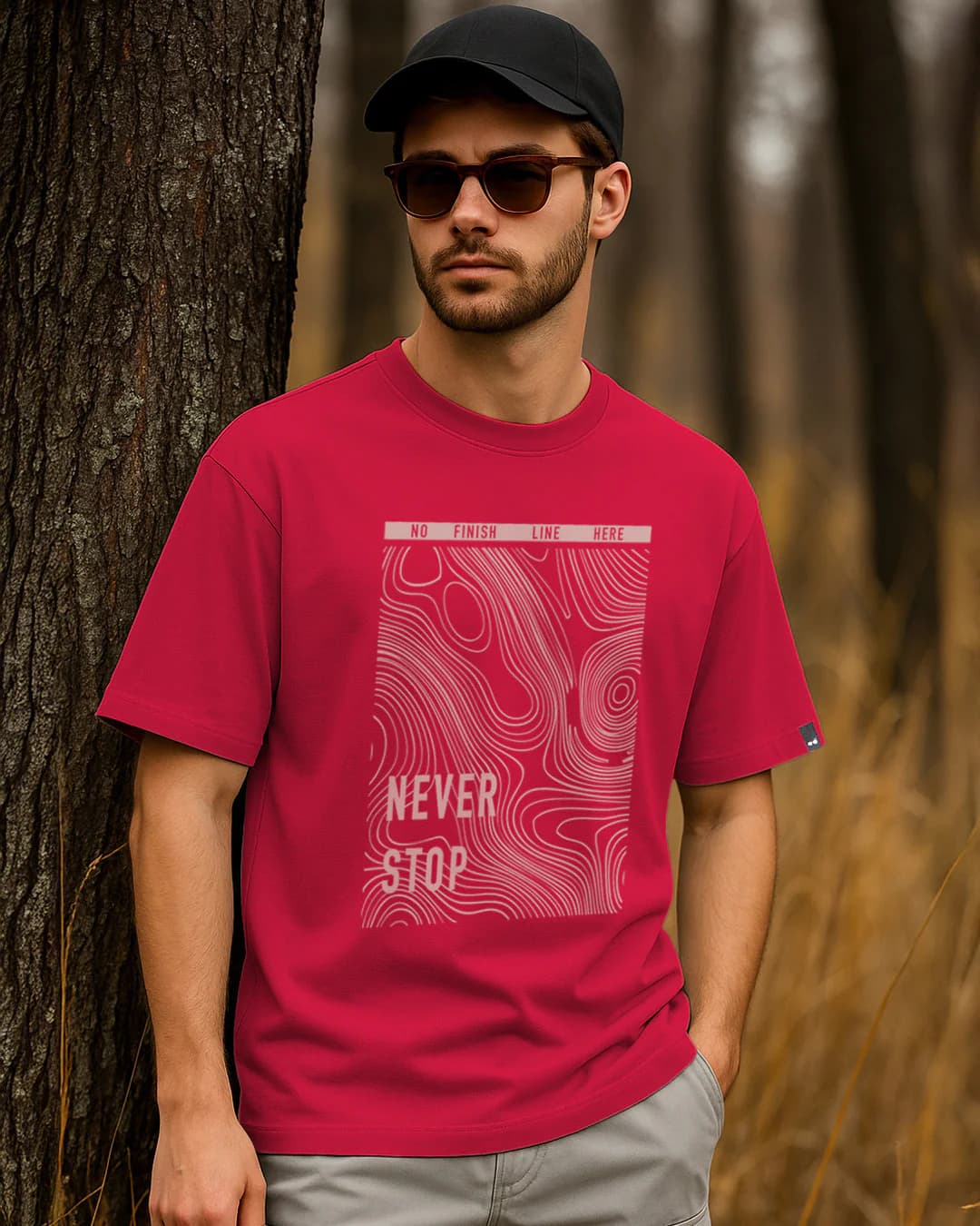 Men's Bold Red Never Stop Graphic Printed Oversized Tshirt