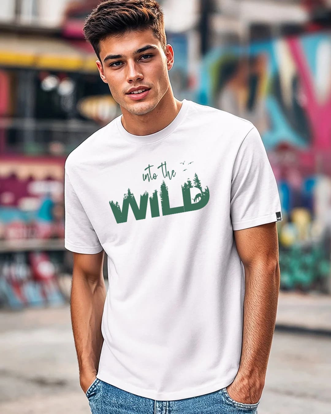 Men's White Into The Wild Graphic Printed Tshirt