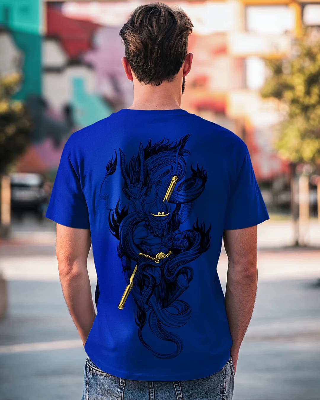 Men's Blue Monkey King Graphic Printed Tshirt