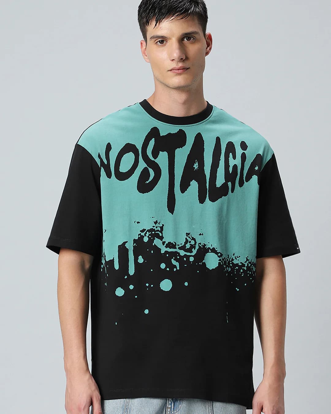 Men's Black & Green Nost Graphic Printed Oversized Tshirt