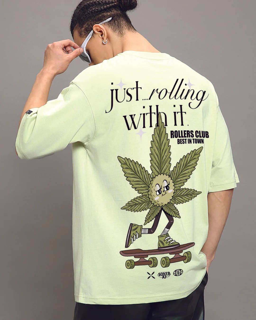 Men's Fog Green Justrolling Graphic Printed Oversized Tshirt