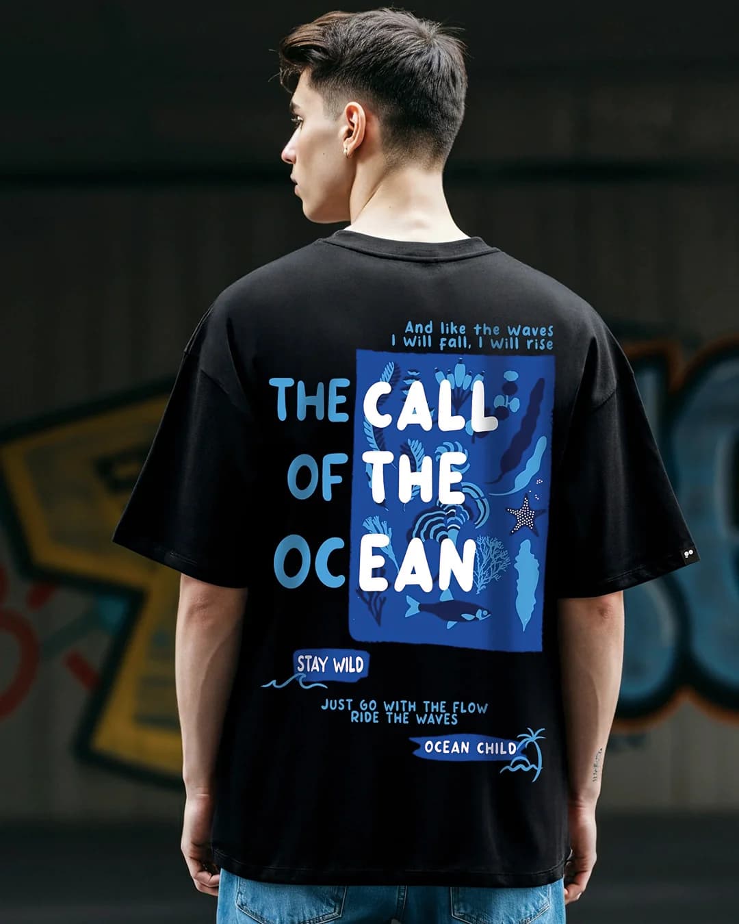 Men's Black Ocean Child Graphic Printed Oversized Tshirt