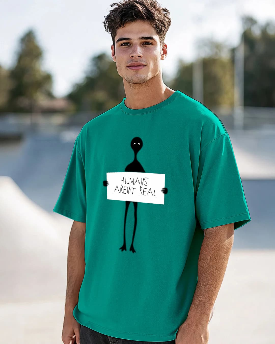 Men's Green Humans Aren't Real Graphic Printed Oversized Tshirt