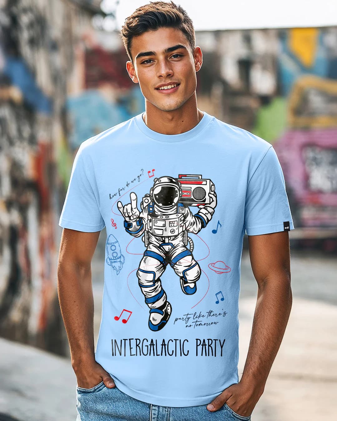 Men's Blue Inter Galactic Party Graphic Printed Tshirt