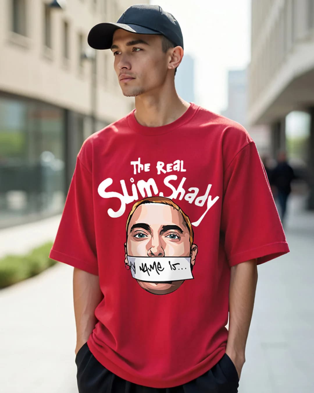 Men's Red Real Slim Shady Graphic Printed Oversized Tshirt
