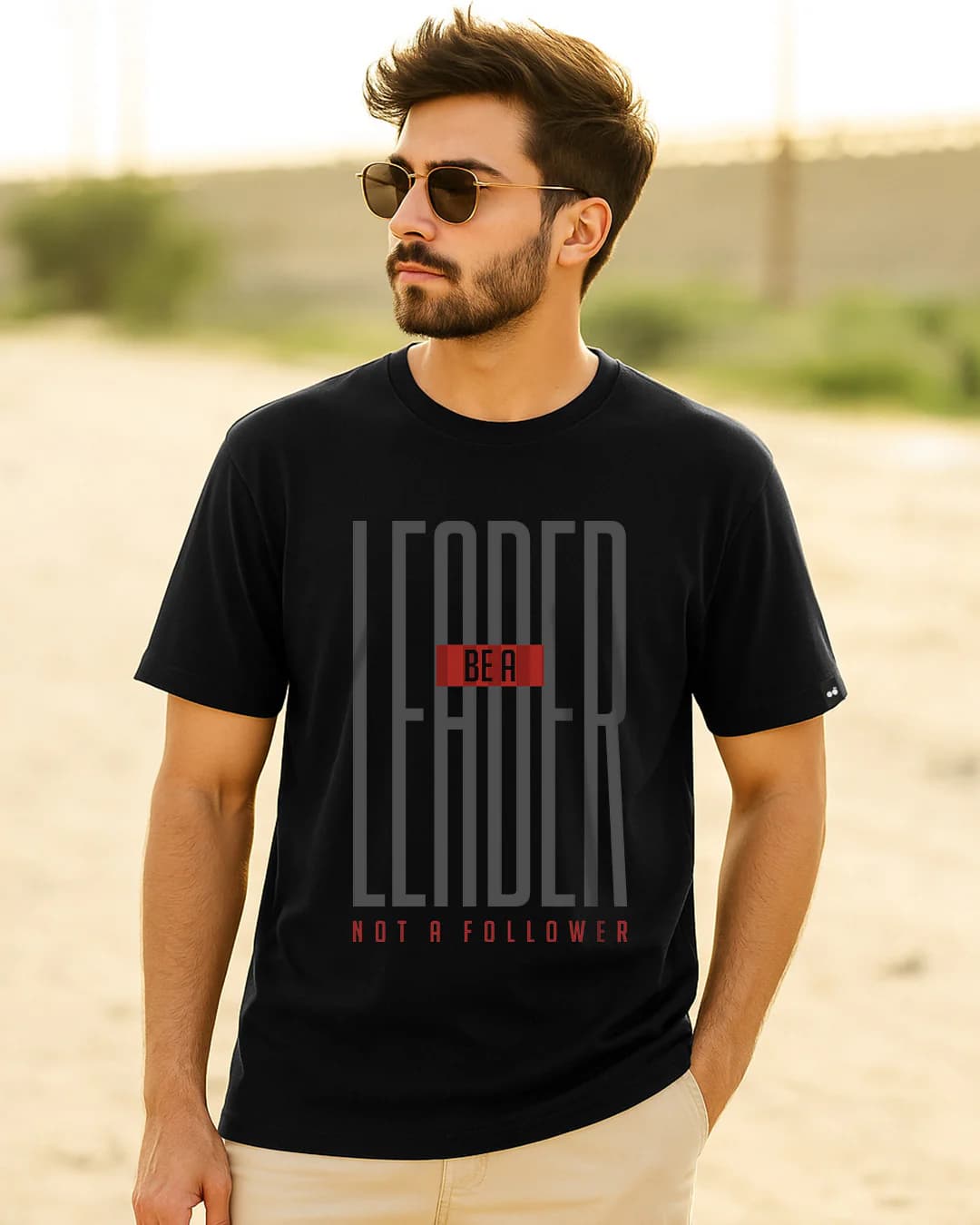 Men's Black Casual Leader Typography Tshirt