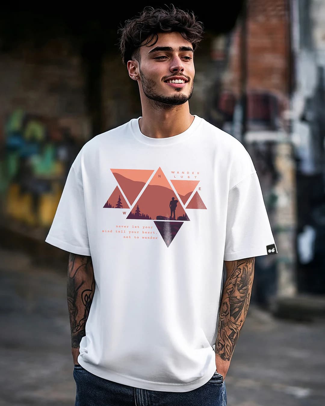 Men's White Wander Geometry Graphic Printed Oversized Tshirt