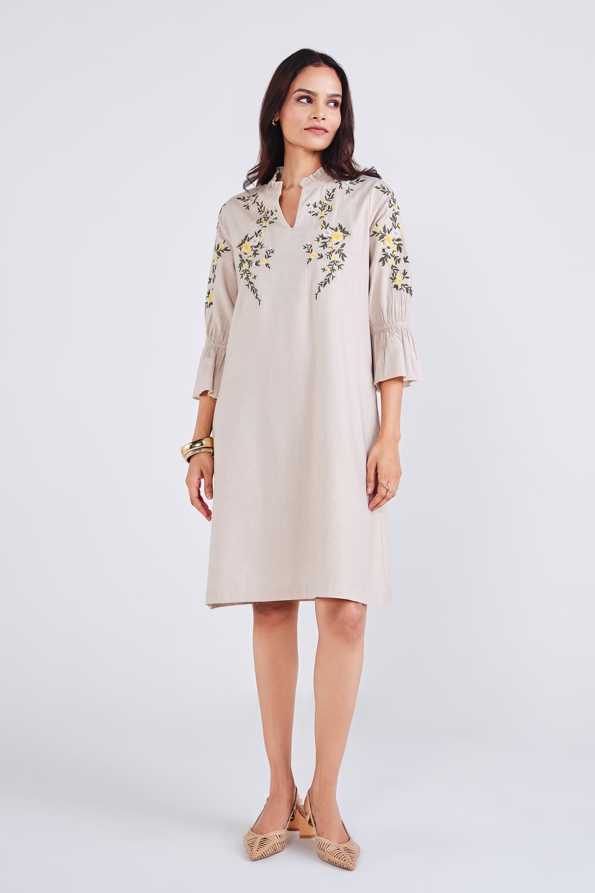 Women's Beige Cotton Casual Fit and Flare V-Neck Embroidered Dress