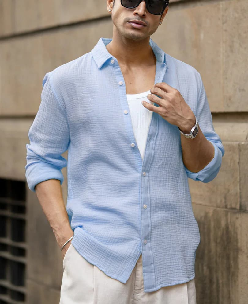 Men's Light Blue Crinkled Cotton Shirt