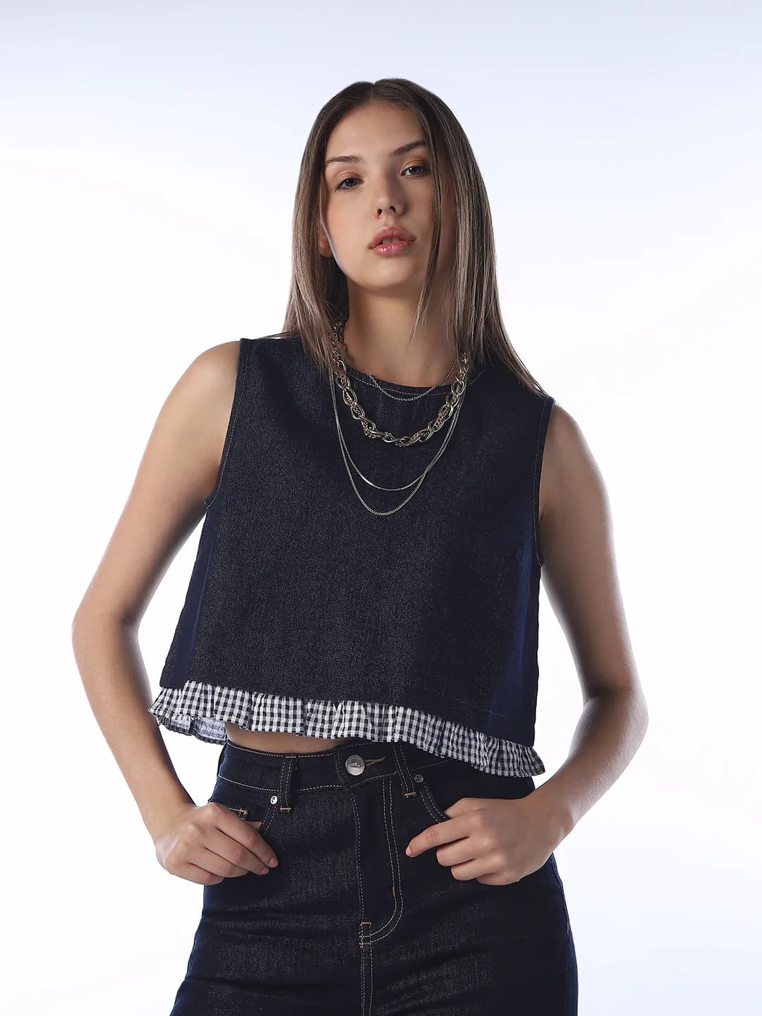 Women's Blue Casual Sleeveless Regular Fit Top