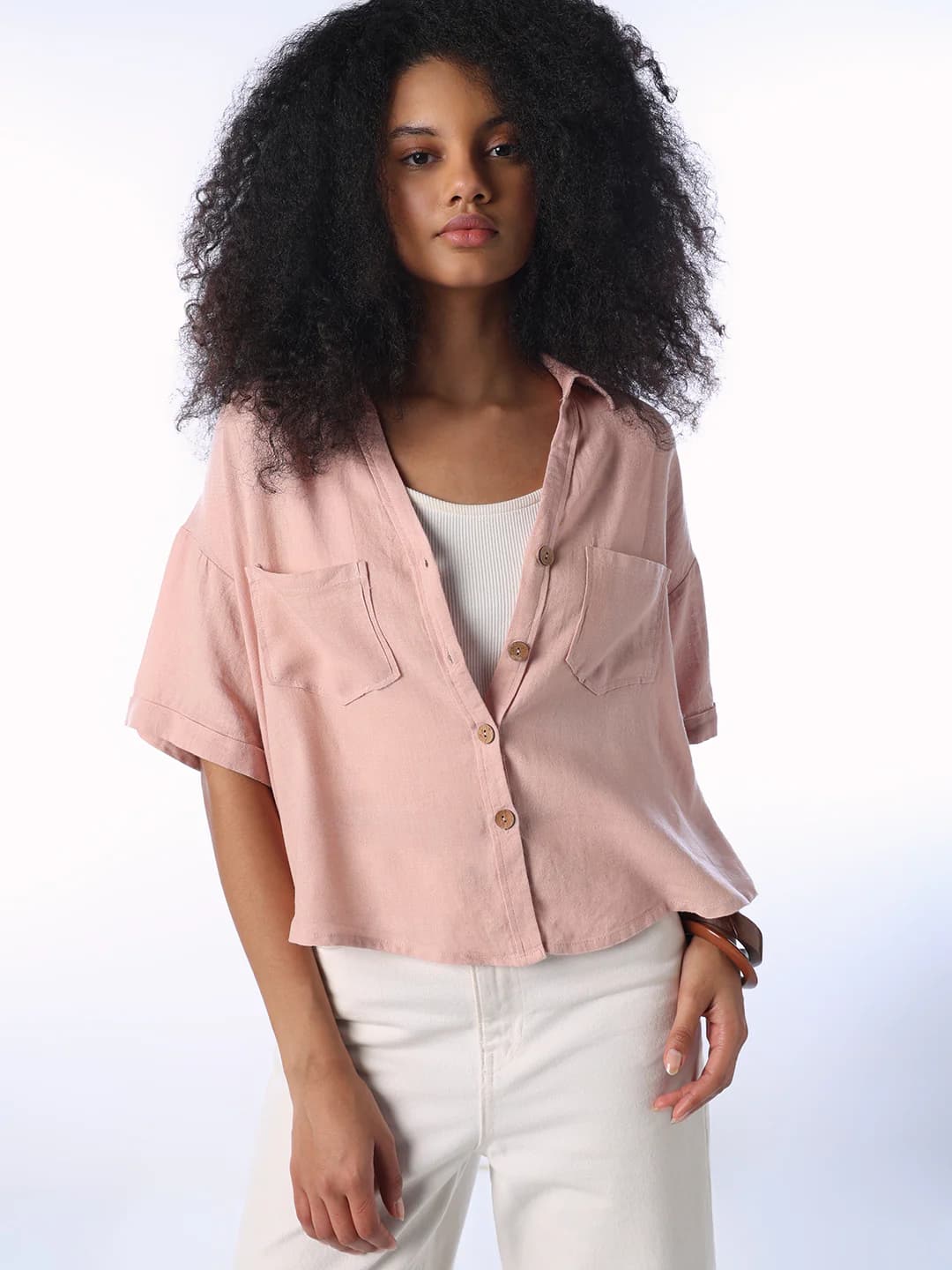 Women's Pink Casual Half Sleeves Oversized Fit Shirt